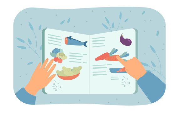 Person checking recipe in cookbook flat vector illustration. Person cooking according to recipe. Steps of preparation dish. Food, nutrition concept for banner, website design or landing web page