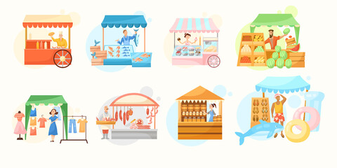 Fair booths with sellers flat vector illustrations set. Kiosks or stores with baker, butcher, vendors or merchants selling fish or seafood, meat, honey, fruit. Food, clothes, street market concept