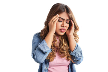 Stressed Indian Asian modern female or woman in pain is holding her head with her hands suffering...