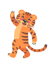 Waving tiger. Cute mascot 2022, zoo vector illustration