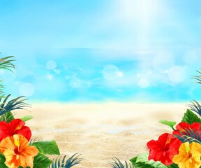 Fototapeta na wymiar 太陽の光差し込む虹のある青い空の下美しい海とヤシの葉とハイビスカスの咲く夏のおしゃれフレーム背景素材 