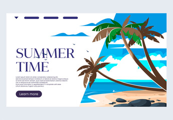 Vector illustration of a banner template for a website, summer time, surfboards and a beach ball, a beach landscape with palm trees, a sea view with clouds