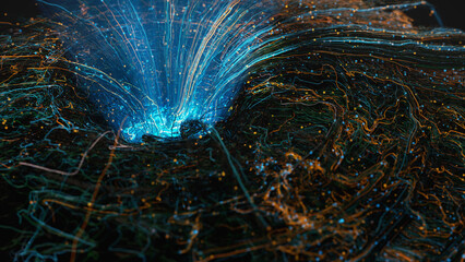 Wires forming the exit to the light. Data centralization concept. 3d render.