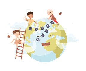 Cute Kids Caring About Earth Planet Saving World Vector Illustration