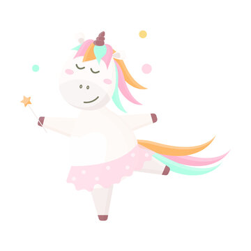 Cute unicorn with a magic wand dancing. Vector illustration in flat cartoon style. 