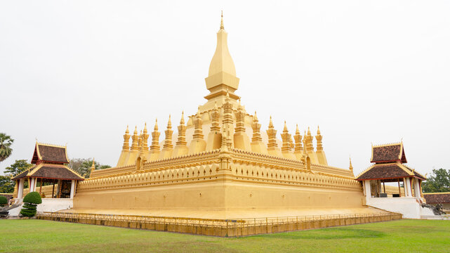 Scenic view of Pha That Luang Buddhist stupa in the center of the city of Vientiane, Laos