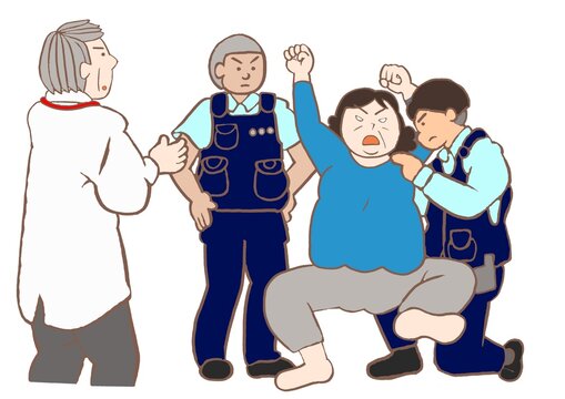 措置入院　警察官同行のもと措置診察を受ける統合失調症の女性と精神保健指定医のイラスト