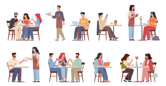 Cafe visitors people. Persons sitting restaurant tables, business lunchtime, waiters take orders. Men and women eating and drinking on meeting, vector cartoon flat isolated set