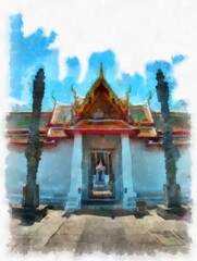 Fototapeta premium Wat Arun temple ancient Thai architecture in Bangkok watercolor style illustration impressionist painting.
