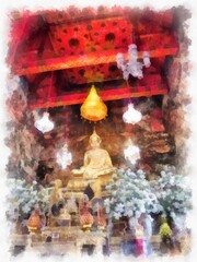 Wat Arun temple ancient Thai architecture in Bangkok watercolor style illustration impressionist painting.