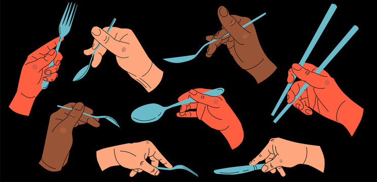 Set Of Colorful Hands Holding Cutlery. Hands With Fork, Knife, Tablespoon, Teaspoon, Chinese Chopsticks. Different Gestures. Hand Drawn Vector Illustration Isolated On Black Background.