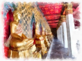 Wat Arun temple ancient Thai architecture in Bangkok watercolor style illustration impressionist painting.