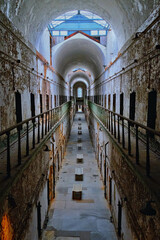 Vertical shot of Eastern State Penitentiary, a former American prison in Philadelphia, Pennsylvania