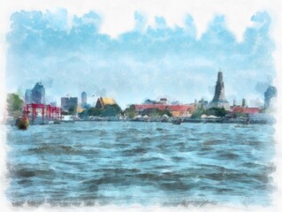 Landscape of the bank of the Chao Phraya River in Bangkok Impressionist style watercolor painting