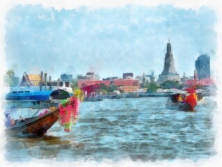 Naklejka premium Landscape of the bank of the Chao Phraya River in Bangkok Impressionist style watercolor painting