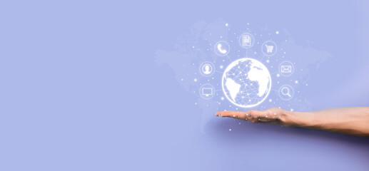 Business man hiold, use,press infographic icon of community technology digital.Concept of hi tech and big data. Global connection.IoT Internet of Things . ICT Information Communication Network .