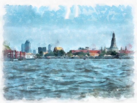 Landscape of the bank of the Chao Phraya River in Bangkok Impressionist style watercolor painting