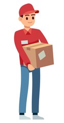 Man with cardboard box. Carrier or delivery guy icon