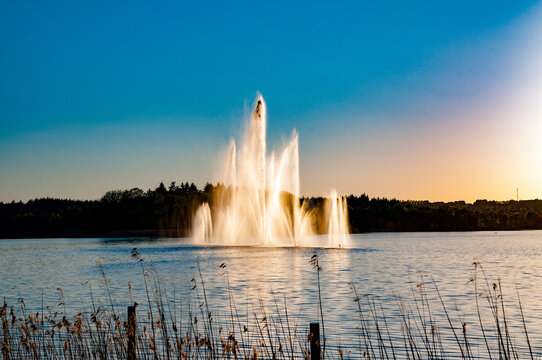 The Centennial Fountain in Peterborough's Little Lake on a beautiful sunny day, Ontario, Canada