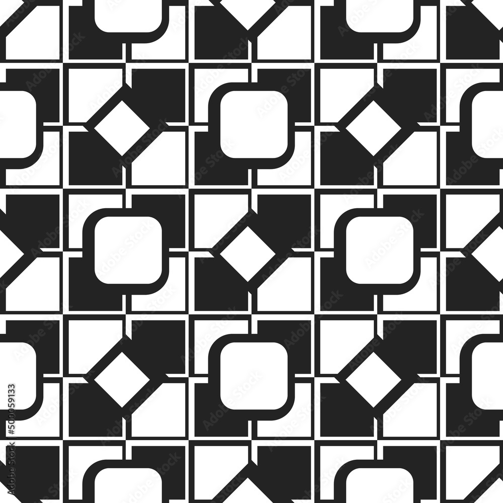 Poster abstract and black and white tiles, somewhat checkered approach and shapes within.