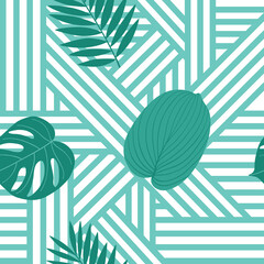 Abstract seamless pattern with green lines and tropical leaves for textile, wallpapers, gift wrap, covers and scrapbook. Vector.