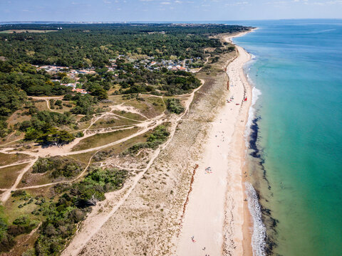 Aerial drone shot of white sand beach of Les Gros Jonc in Le Bois Plage en R&eacute; on island of Re France