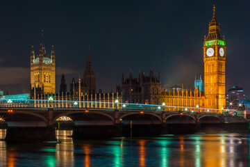 Night view of downtown London with the Tower Bridge, Big Ben and Houses of Parliament