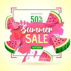 Summer sale poster with slices of watermelon. Summer watermelon background. Vector illustration
