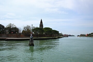 Italy, Veneto, Venice: Foreshortening of Burano Island from the sea.