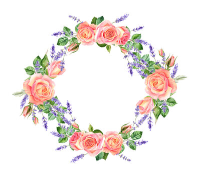 Wreath of roses and lavender, painted in watercolor. Isolated image on white background