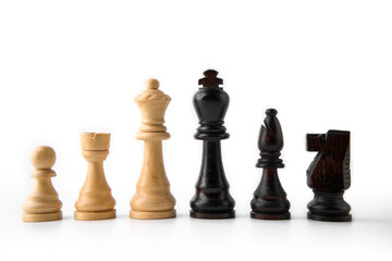 Vintage chess board with checkers, pawns, knights, rooks, bishops, queen and king, black and white colors. Chess board game for ideas and competition and strategy, business success concept.