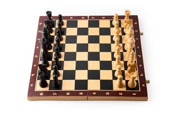 Vintage chess board with checkers, pawns, knights, rooks, bishops, queen and king, black and white colors. Chess board game for ideas and competition and strategy, business success concept.