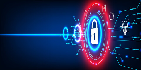 Data security concept with padlock and cyber connection link. Technology Global Network Digital Data Protection Background.