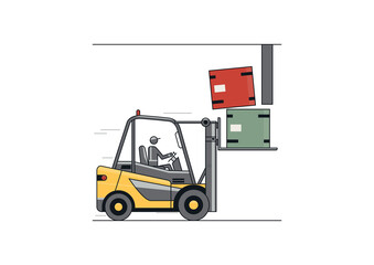 Height collision. Flat line vector design of forklift with operator and load. - 500067365