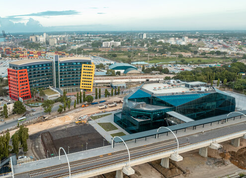 Aerial shot of a Dar es Salaam new train station next to the colorful building