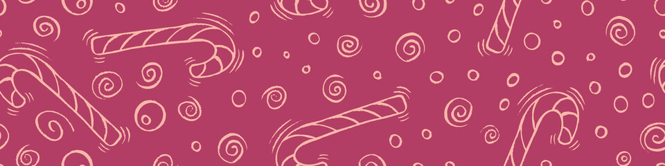 Seamless horizontal border with hand drawn sweet canes. Candy pattern. Vector illustration.