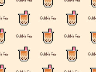 Bubble tea cartoon character seamless pattern on orange background.Pixel style
