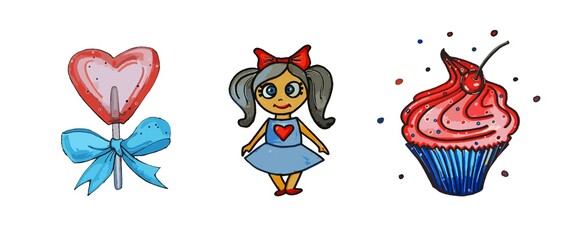 Naklejka premium Mango-mint fruit and cream ice cream with chocolate icing, pink cupcake cake and lollipop with a blue bow. Drawings with a marker. A lollipop in the shape of a heart and round.Cute doll-girl 