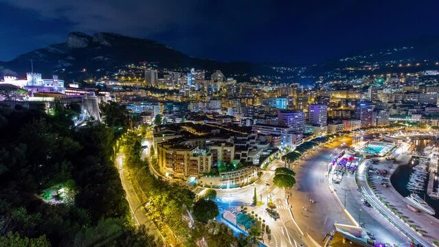 Panorama of Monte Carlo day to night timelapse from the observation deck in the village of Monaco near Port Hercules