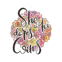 Hand lettering grunge card with flower background. Handcrafted doodle letters in retro style. Hand-drawn vintage typography