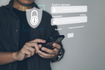 Concept of data network security, people insert user name and password on visual screen for login,...