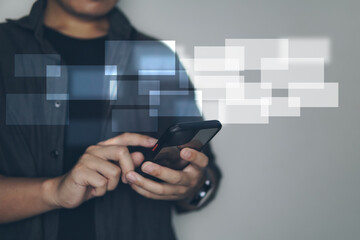 people use smartphone with popup of data on visual screen, technology data network