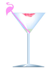 An empty martini glass with a womanâ€™s lipstick smear is seen with a flamingo swizzle stick in this 3-d illustration about tropical vacations and alcohol.