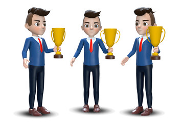 A successful young businessman raises up and holding a gold trophy cup. 3D rendering