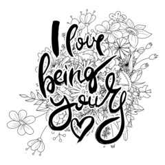 Hand lettering grunge card with flower background. Handcrafted doodle letters in retro style. Hand-drawn vintage typography