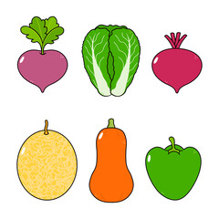 Funny cute happy vegetables characters bundle set. Vector hand drawn cartoon kawaii character illustration icon. Cute radish, chinese cabbage, beet, pumpkin, melon, pepper