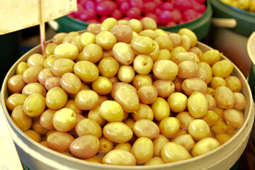 Green organic olive varieties in the market, Salamura olive