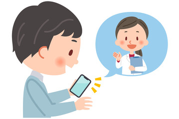 スマホでリモート診療をする医師の女性と患者の男性のイラスト