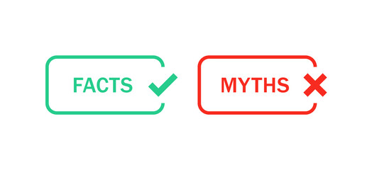 Facts vs myths icons with check mark icon button myths facts label banner with checkmark icon. popup buttons - obrazy, fototapety, plakaty
