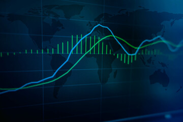 Double exposure of screen laptop stock market graph and blue world map ( Draft from NASA ). Global economy and financial news background concept.
